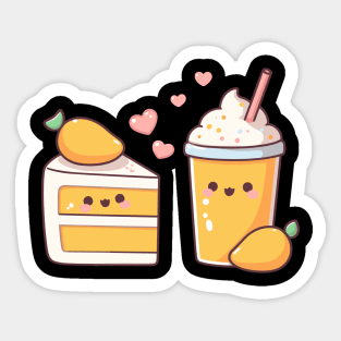 Kawaii Style Mango Milkshake and Mango Cake in Love | Cute Design for Couples Sticker